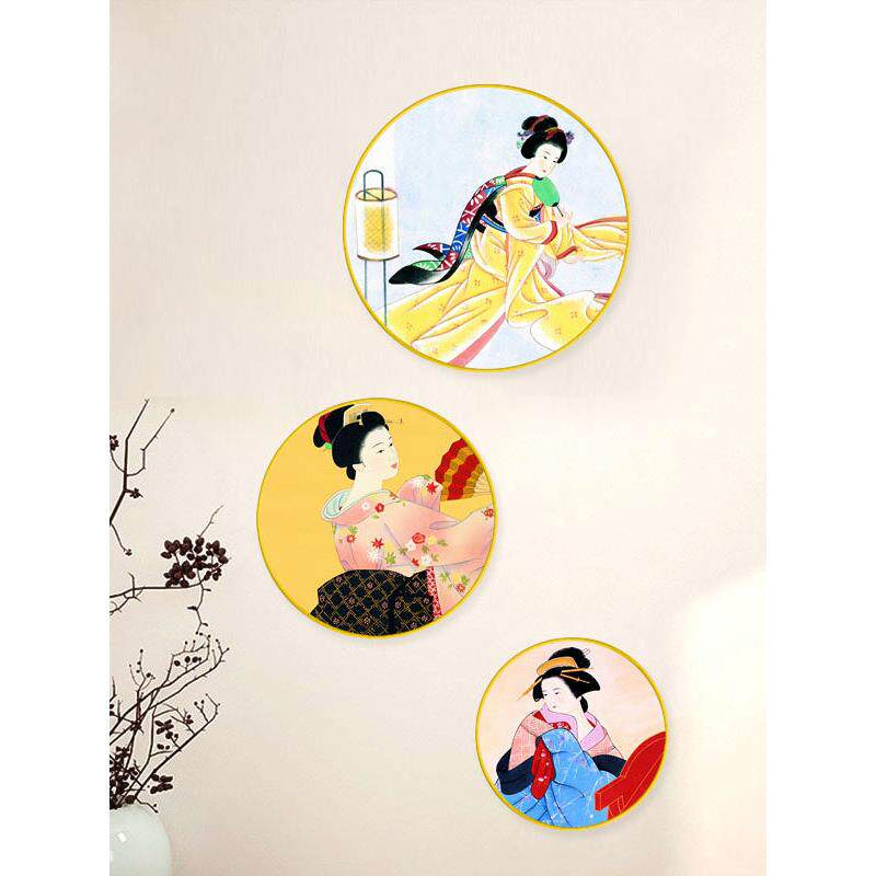 日式风格装饰画日本挂画人物仕女图浮世绘壁画榻榻米料理店圆形画
