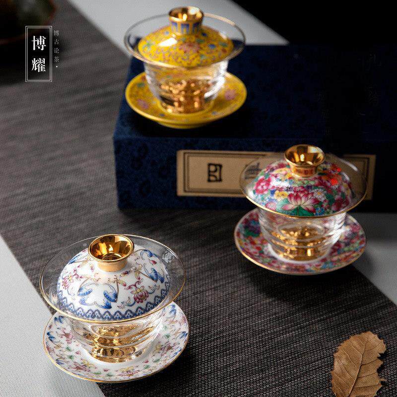陶瓷珐瑯彩玻璃盖碗茶杯大号加厚三才茶碗茶具套组家用泡茶器