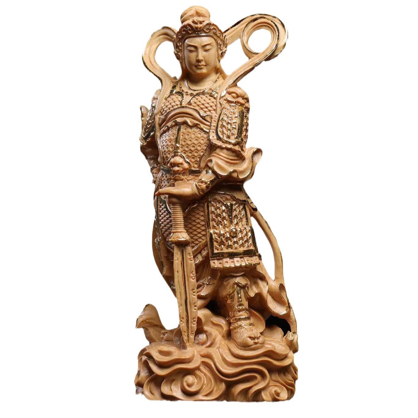 韦陀小叶黄杨木雕文玩摆件珈蓝菩萨供奉木质工艺品中式根雕描金