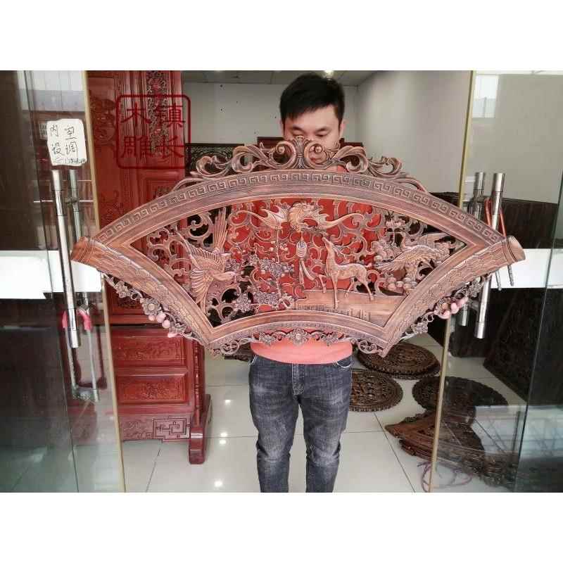 东阳木雕挂件扇形四季福客厅玄关电视背景墙中式挂饰壁饰实木香樟