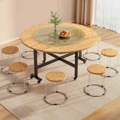 实木折叠餐桌家用小户型新款简约吃饭圆桌子可折叠多功能移动饭桌