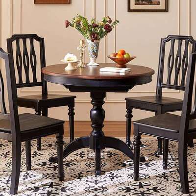 法式复古实木伸缩桌餐中户饭型家用吃桌中古风MST圆小桌餐桌客厅