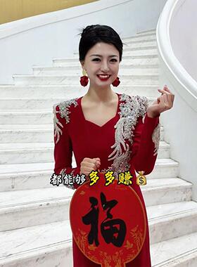 主持人晚礼服红色年会表演长裙端庄大气声乐艺考独唱演出服高级感