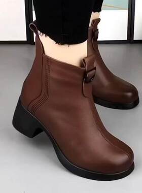 正品特中价冬季妈妈鞋棉鞋短靴子绒保暖防滑皮鞋中跟中老加年妇女