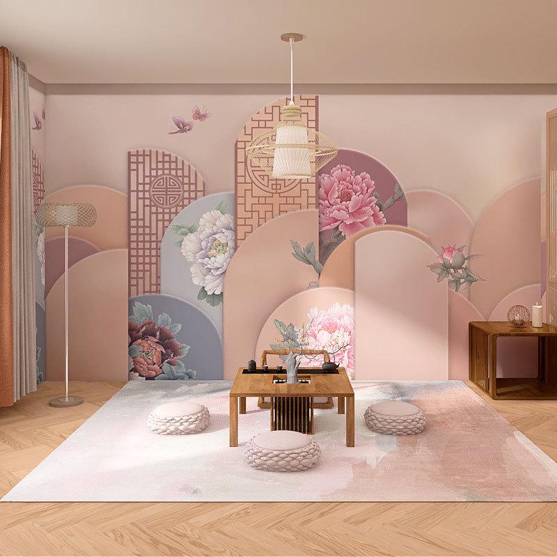 新中式花鸟屏风墙纸古风拍照背景壁画饭店包厢壁纸茶室剧本杀墙布