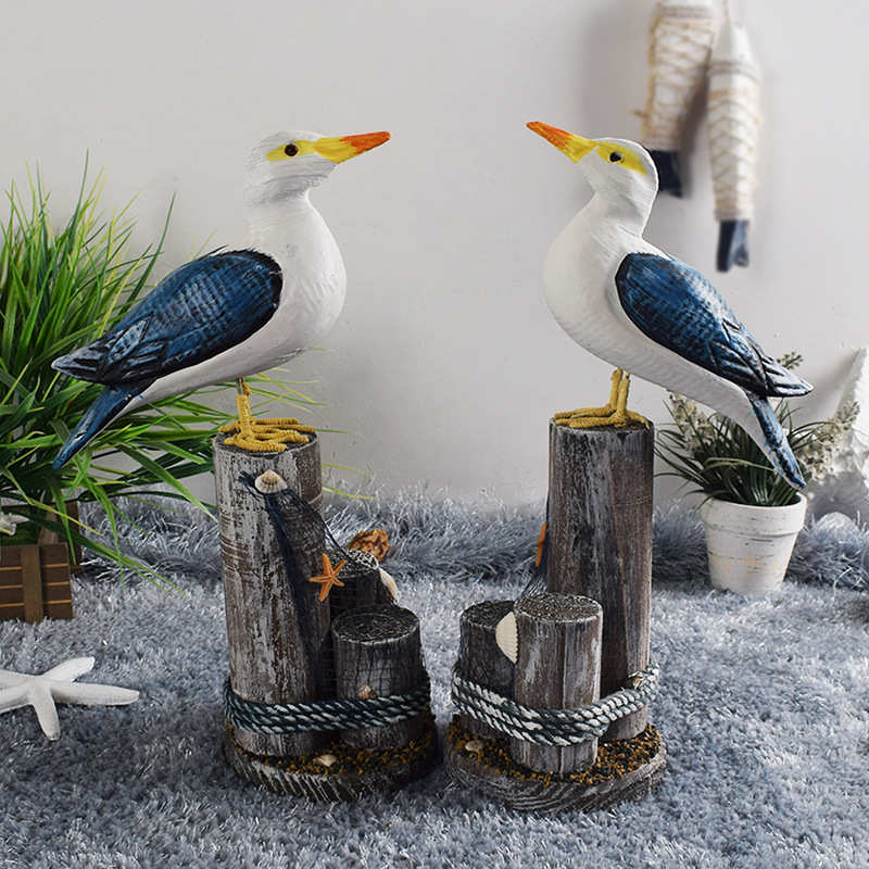 地中海风格装饰 创意树桩海鸟摆件 复古做旧裂纹鸟摆设工艺品礼品