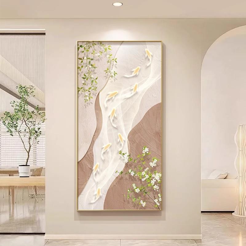 九进鱼图玄头关装画奶油风VJC门入饰户正对门挂画轻奢绿植走廊尽