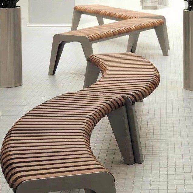 小区室外公园椅户外长椅广场休闲座椅防腐木S形排椅金属长条凳子