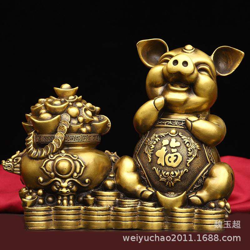 纯铜猪摆件聚宝盆猪金钱猪铜葫芦猪聚财元宝猪铜如意猪工艺品