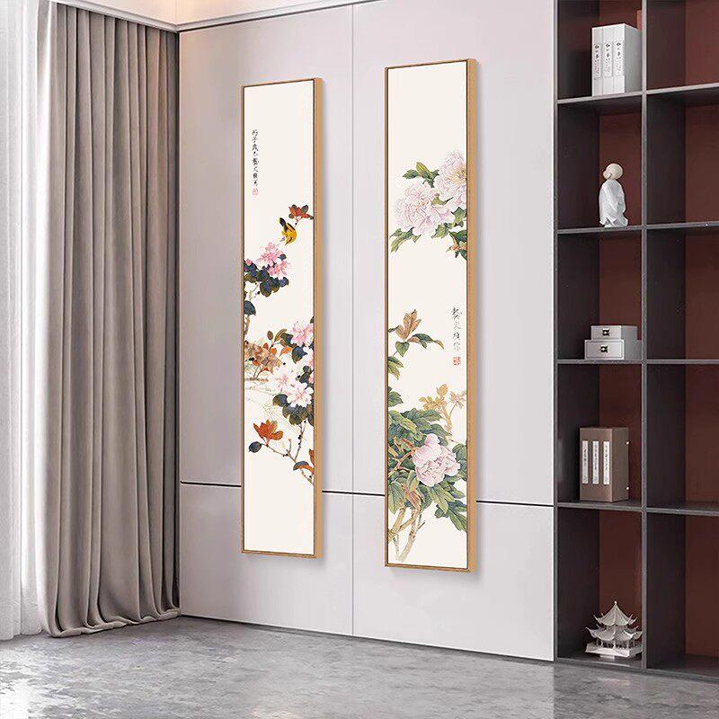 新中式玄关装饰画入户正对门梅花牡丹花客厅挂画花鸟竖版长条壁画