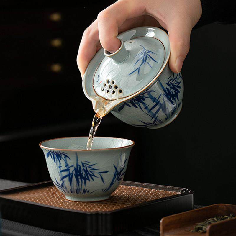 快客杯一壶一杯单个人专用手抓泡茶壶茶杯简易汝窑青花瓷茶具套组