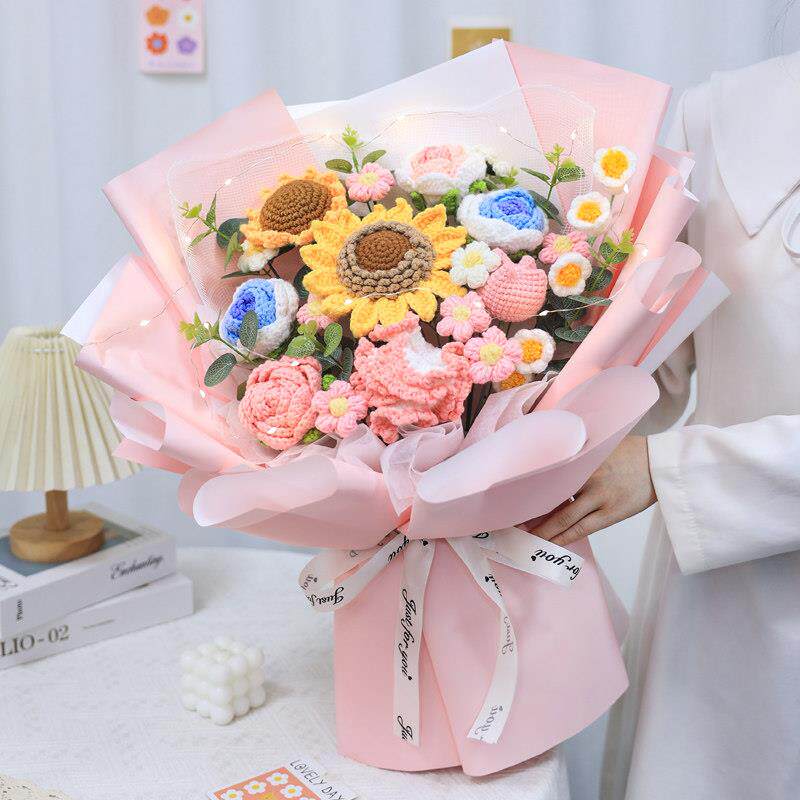 创意手工编织向日葵玫瑰彷真毛线 线花束成品生日礼物送女生闺蜜