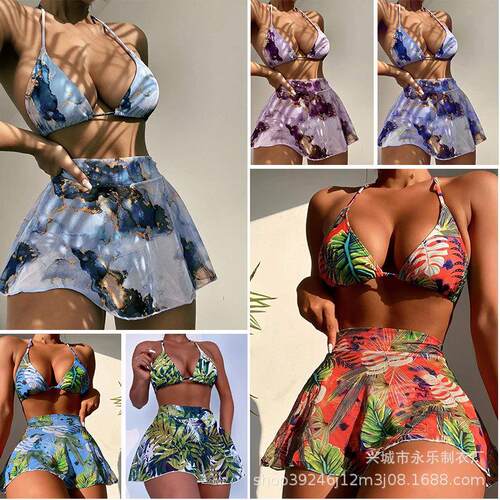 Printed beach dress bikini three women's split swimsuit