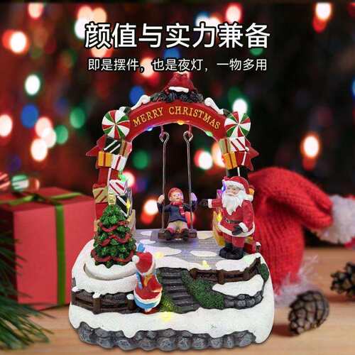 圣诞节树脂发光音乐盒LED灯圣诞老人秋千旋转作音乐盒树脂摆件