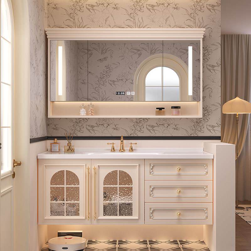 法式奶油风浴室柜组合岩板热弯陶瓷一体盆化妆室洗漱台洗脸洗手盆