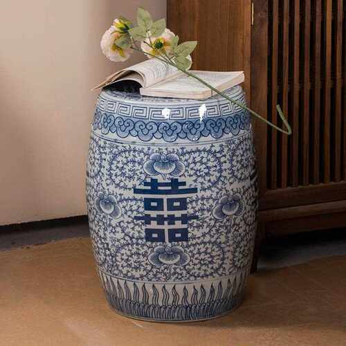 景德镇仿古青花瓷手绘喜字陶瓷摆件中式古典家居软装客厅陶瓷鼓凳