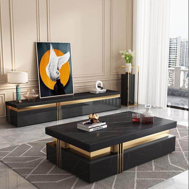 长方形岩板大茶几套装现代客厅家用新款高级轻奢茶几电视柜组合