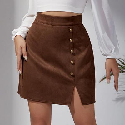 Women's suede midi skirt with high waist and metal buckle