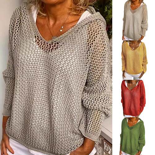 Women's Round Neck Plaid Acrylic Crochet Hollow-Out