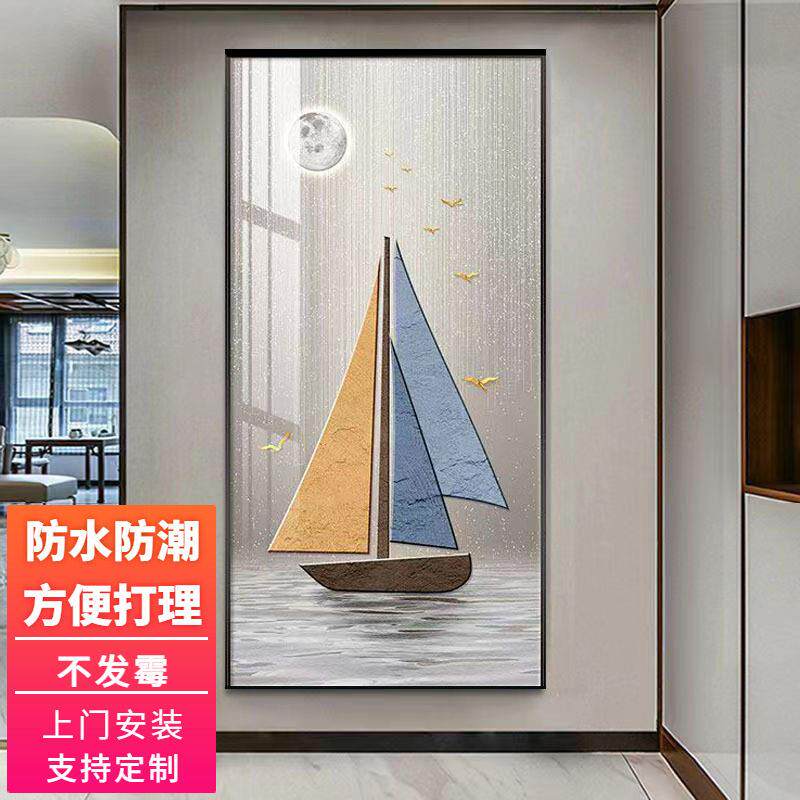 一帆风顺走廊过道挂画轻奢客厅玄关装饰画进门正对墙壁画帆船带灯