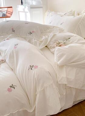 新宿款小清新水洗棉四件刺套磨毛绣宽边花边床笠被套OSV加厚件舍