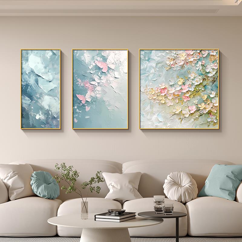彩色花卉肌理感客厅装饰画奶油风蓝色治愈系沙发背景墙挂画三联画图片