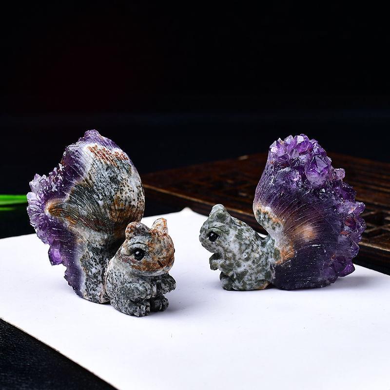 乌拉圭天然紫水晶簇松鼠摆件手工刻紫色原石家居客厅办公桌