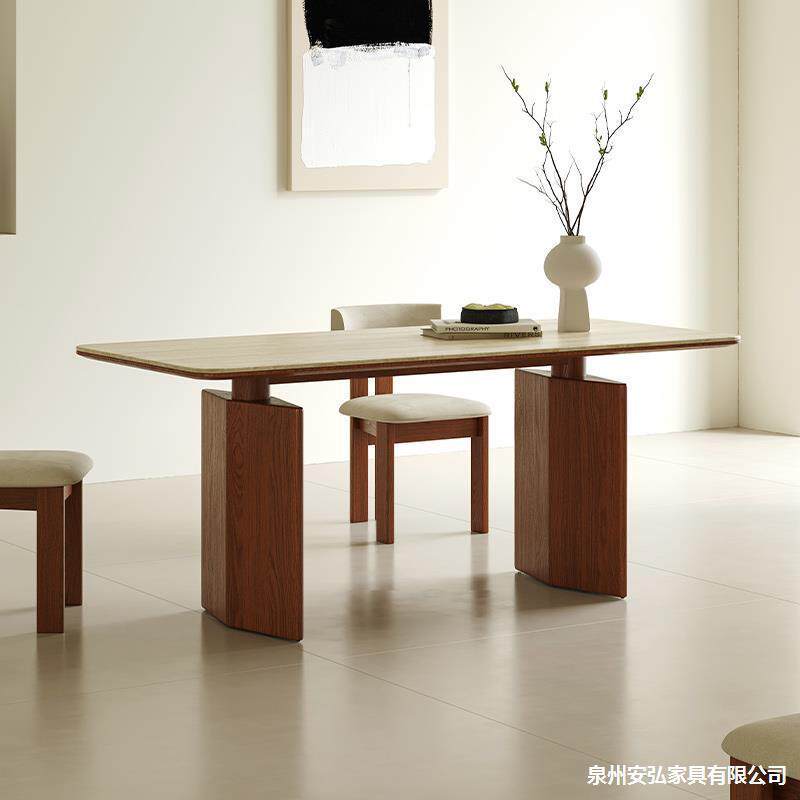 中古风实木餐桌椅组合小户型现代简约法式中古风家用洞石岩板桌