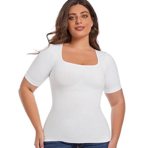 Large size waist cinched plastic belly outer short sleeved
