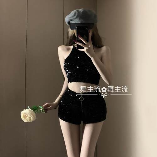 酒吧DS演出服新款女DJ领舞台chic性感辣妹黑色亮片爵士舞时尚套装