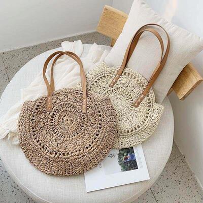 Round Straw Beach Bag Vintage Handmade Woven Shoulder Bag Ra