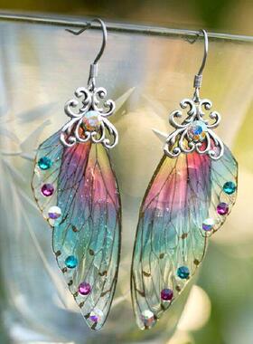 Fantasy Neon Color Rhinestone Cicada Wings Earrings Trendy N
