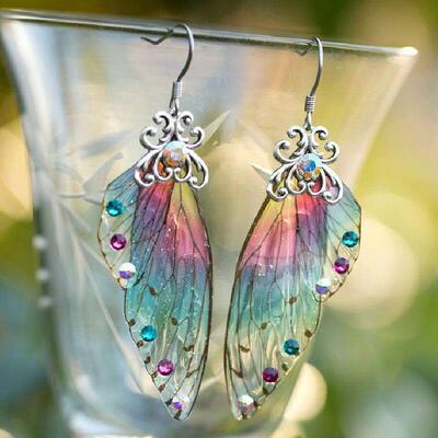 Fantasy Neon Color Rhinestone Cicada Wings Earrings Trendy N