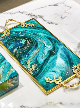北欧轻奢金边框玛瑙纹大理石纹玻璃金属托盘 家居客厅收纳摆件