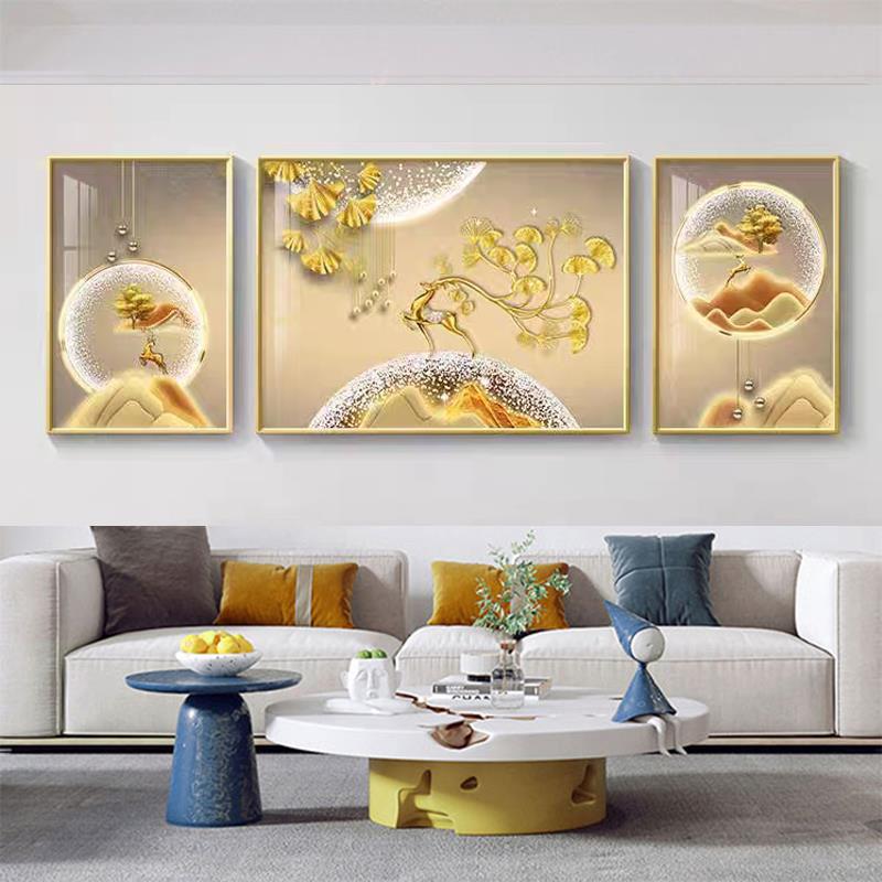 客厅高端装饰画沙发后面背景墙挂画轻奢简约现代晶瓷招财三联壁画图片
