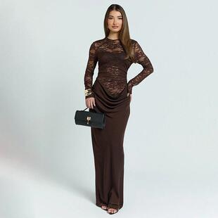 Elegant Long Sleeve Lace Dress Women's Stylish Evening Gown
