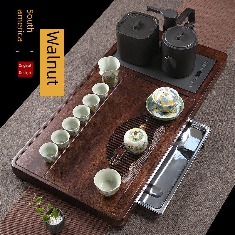 石菜记核桃茶盘套装自然全家用全自动水壶集成茶几高端礼品