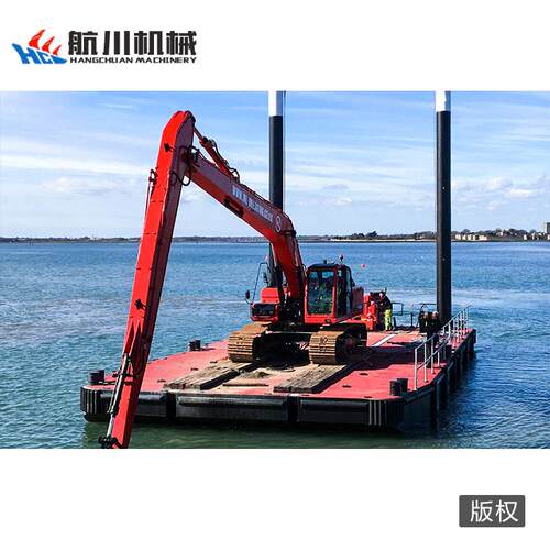 航川水上打桩平台定位桩挖机浮体船水上挖机钩机平台