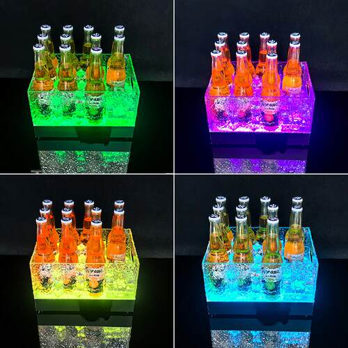 led发光冰桶酒吧七彩12支装啤酒桶鸡尾酒冰粒桶方形冰纹冰块桶KTV