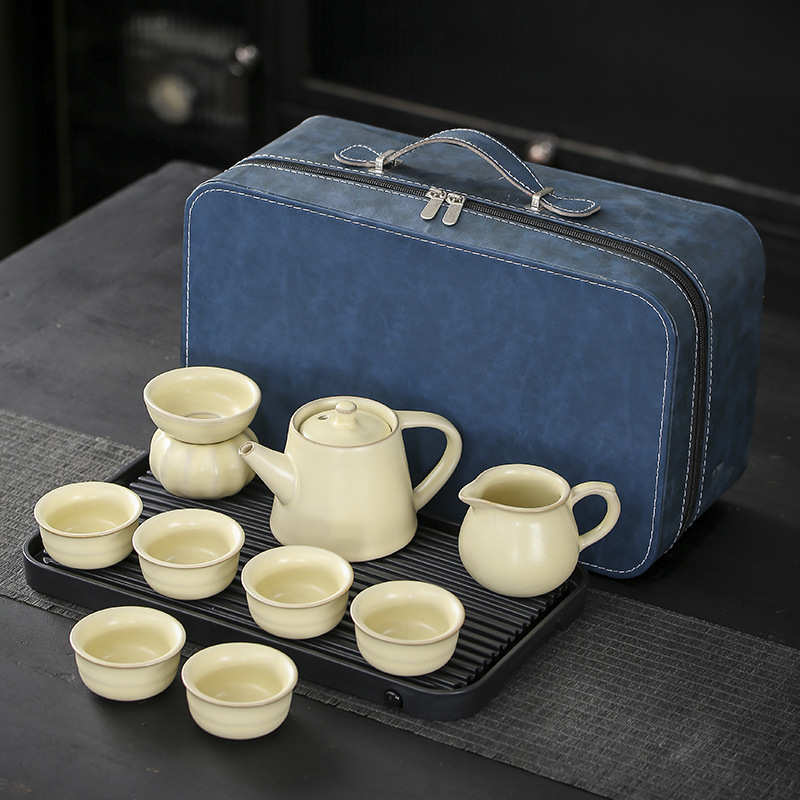 米黄汝窑 旅行功夫茶具套装家用便携简约茶盘陶瓷茶杯商务 伴手礼