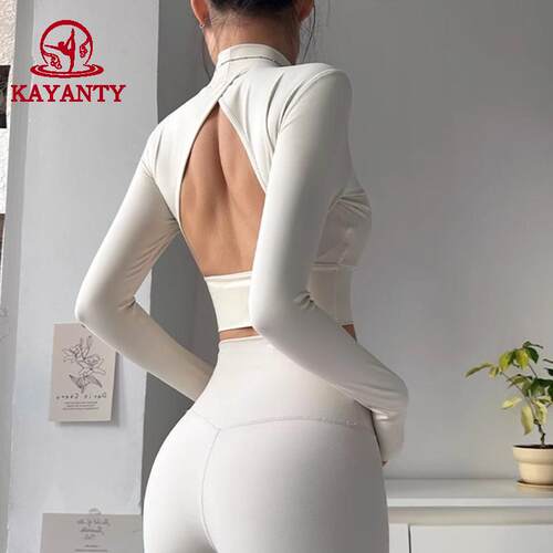 KAYANTY镂空美背瑜伽服跑步训练健身长袖小高领含胸垫运动上衣女