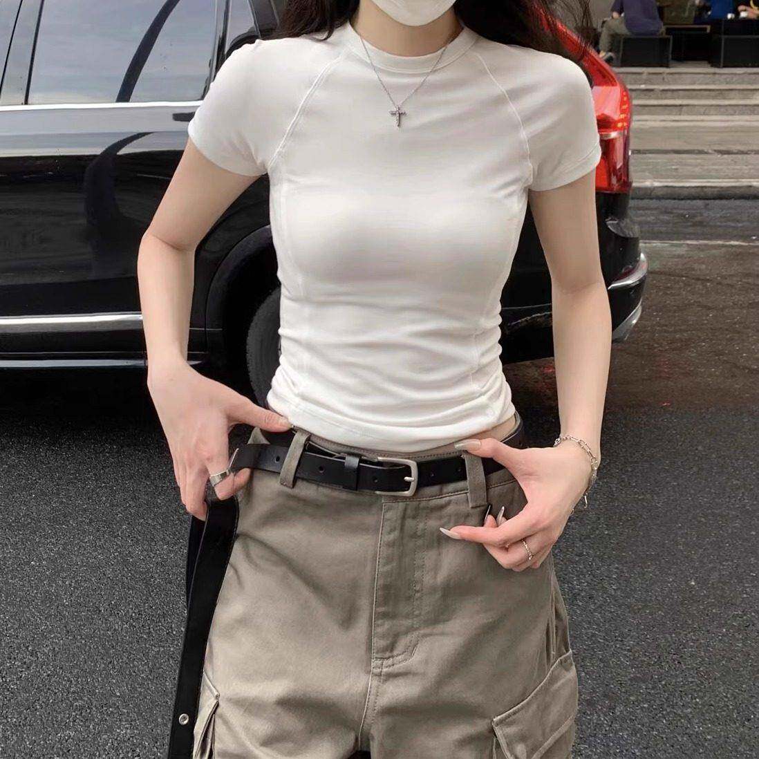2025夏装新款正肩圆领短袖T恤女独特漂亮超好看紧身小衫短款上衣