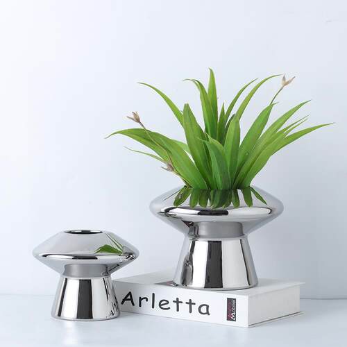 现代创意电镀银色蘑菇陶瓷花瓶摆件客厅茶几玄关餐桌插花器装饰品