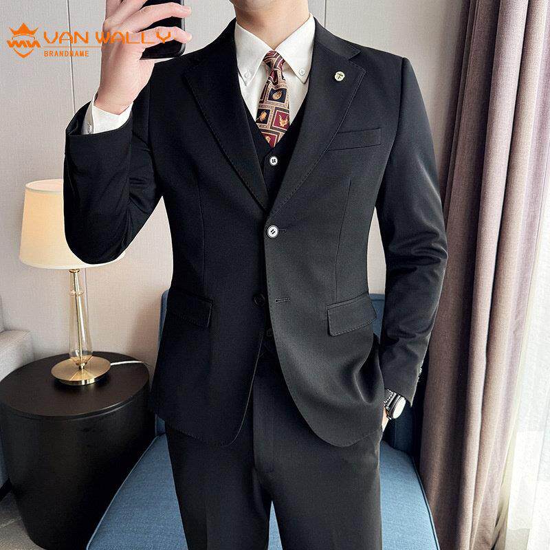 品质款男士西装羊毛混纺平驳领单排两粒扣商务西服两件套新郎礼服
