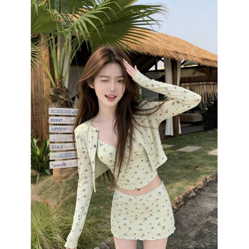 kumikumi纯欲风短款长袖开衫内搭吊带背心女夏季显瘦半身裙三件套图片