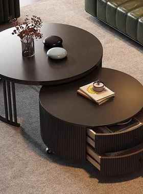 202户5新款岩板圆形茶几客厅家DWH动用简约小型黑色意式极可移茶