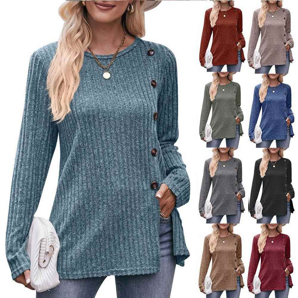 T-shirt button fashion slit brushed neck round color solid