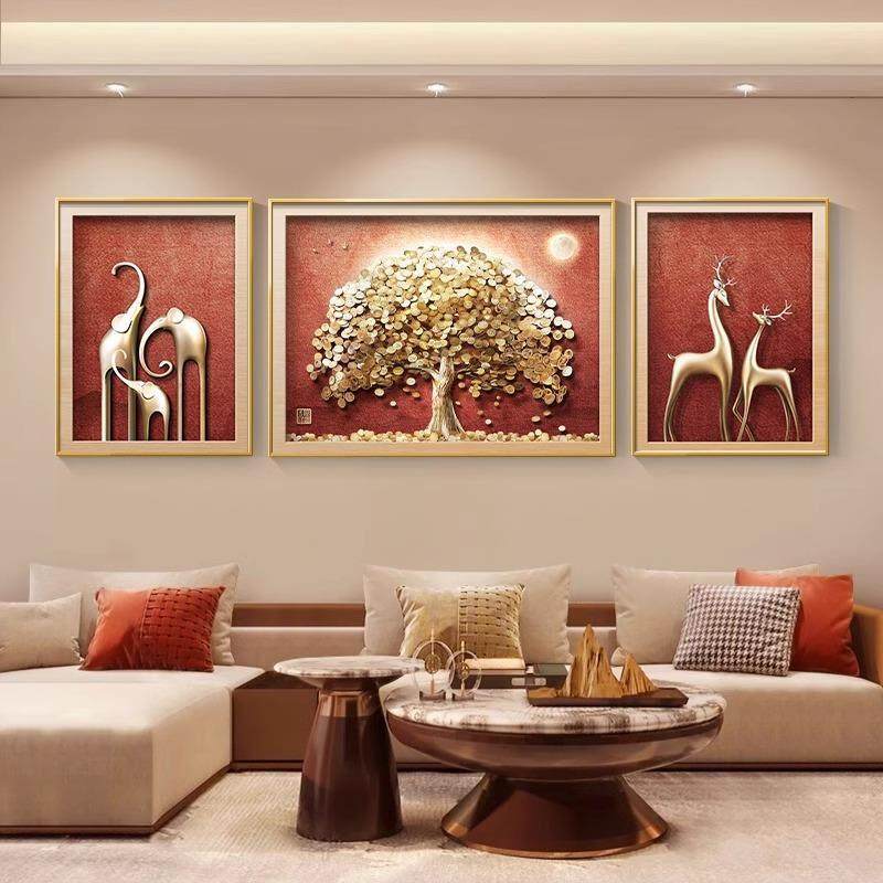 轻奢金钱树客厅装饰画新中国风沙发背景墙挂画红富禄三联壁画新风