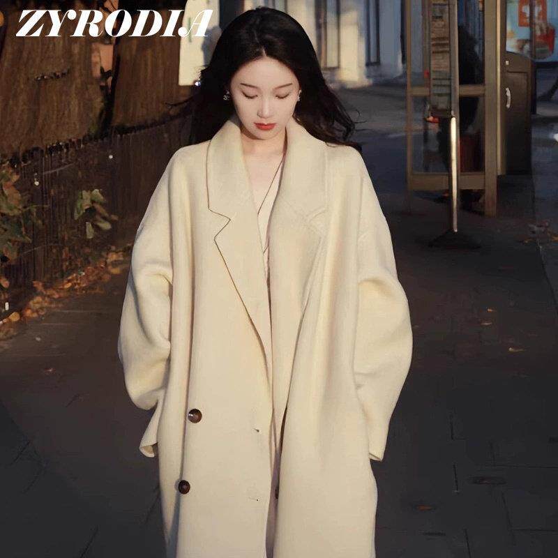 ZYRODIA双面羊绒大衣中长版燕麦色2025宽松新款百搭高级感外套女