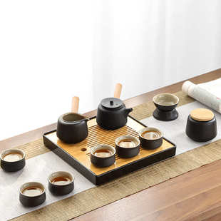 家用侧把磨砂泡茶器储水式 黑陶功夫茶具套组礼盒装 干泡盘酒店送礼